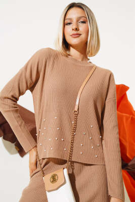 İnci Süslemeli Etekli Triko İkili Takım Büsküvi - Thumbnail