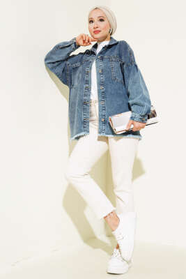 Önü Cepli Püsküllü Kot Ceket Koyu Mavi - Thumbnail