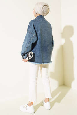 Önü Cepli Püsküllü Kot Ceket Koyu Mavi - Thumbnail