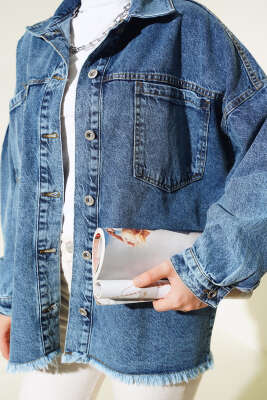 Önü Cepli Püsküllü Kot Ceket Koyu Mavi - Thumbnail