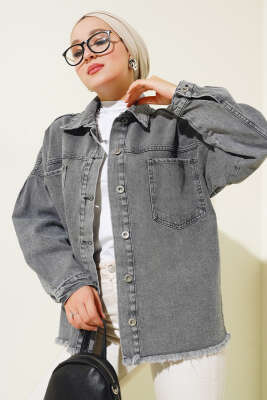 Önü Cepli Püsküllü Kot Ceket Füme - Thumbnail