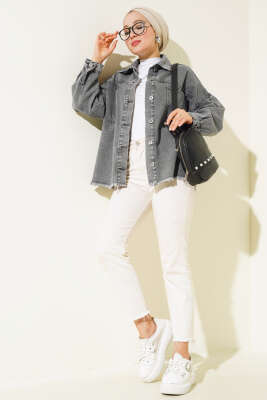 Önü Cepli Püsküllü Kot Ceket Füme - Thumbnail