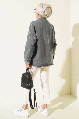 Önü Cepli Püsküllü Kot Ceket Füme - Thumbnail