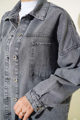 Önü Cepli Püsküllü Kot Ceket Füme - Thumbnail