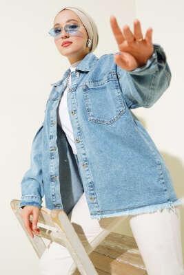 Önü Cepli Püsküllü Kot Ceket Açık Mavi - Thumbnail