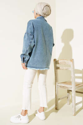 Önü Cepli Püsküllü Kot Ceket Açık Mavi - Thumbnail