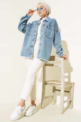 Önü Cepli Püsküllü Kot Ceket Açık Mavi - Thumbnail