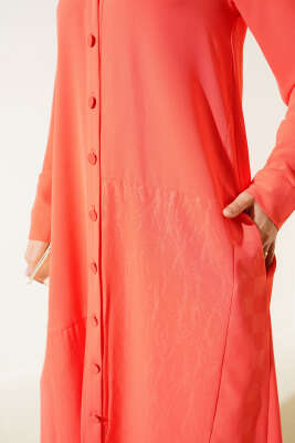 Gömlek Yaka Boy Düğmeli Salaş Elbise Somon - Thumbnail