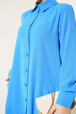 Gömlek Yaka Boy Düğmeli Salaş Elbise Mavi - Thumbnail