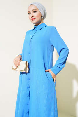 Gömlek Yaka Boy Düğmeli Salaş Elbise Mavi - Thumbnail