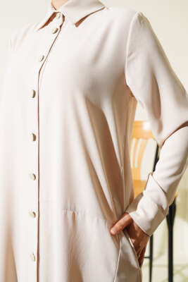 Gömlek Yaka Boy Düğmeli Salaş Elbise Bej - Thumbnail