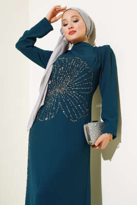 Önü Çiçek Taşlı Elbise Petrol - Thumbnail