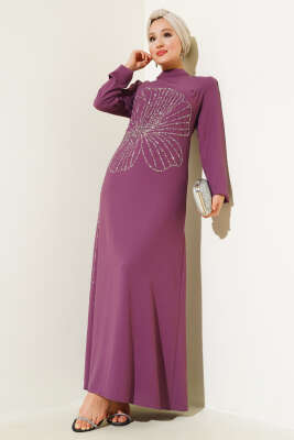 Pazarium - Önü Çiçek Taşlı Elbise Magenta