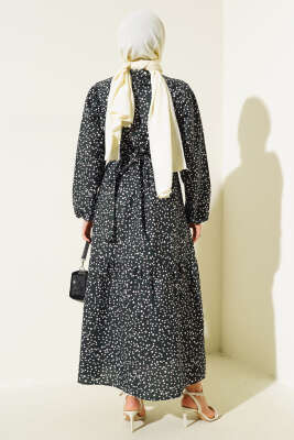 Karışık Desenli Terikoton Elbise Siyah - Thumbnail