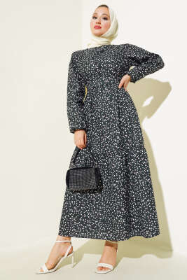 Karışık Desenli Terikoton Elbise Siyah - Thumbnail