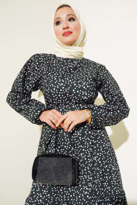 Karışık Desenli Terikoton Elbise Siyah - Thumbnail