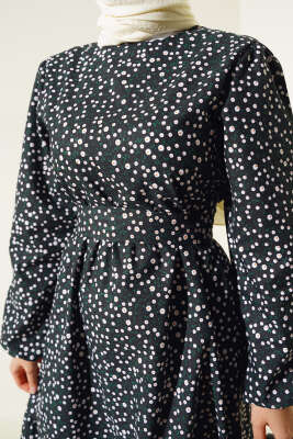 Karışık Desenli Terikoton Elbise Siyah - Thumbnail