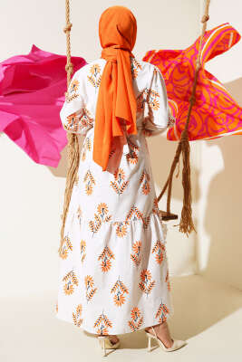 Karışık Desenli Terikoton Elbise Turuncu - Thumbnail