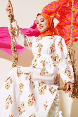 Karışık Desenli Terikoton Elbise Turuncu - Thumbnail