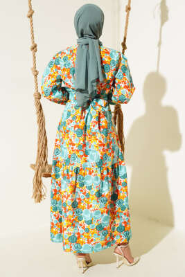 Karışık Desenli Terikoton Elbise Su Yeşili - Thumbnail