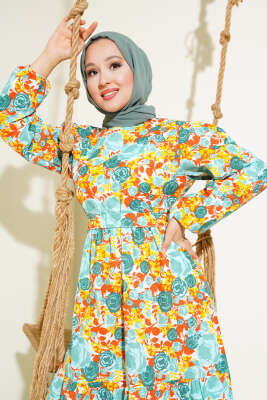 Karışık Desenli Terikoton Elbise Su Yeşili - Thumbnail