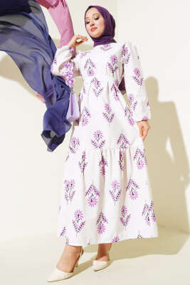 Karışık Desenli Terikoton Elbise Lila Ekru - Thumbnail
