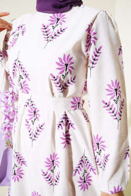 Karışık Desenli Terikoton Elbise Lila Ekru - Thumbnail