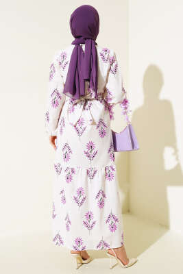 Karışık Desenli Terikoton Elbise Lila Ekru - Thumbnail