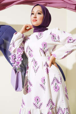 Karışık Desenli Terikoton Elbise Lila Ekru - Thumbnail