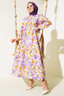 Karışık Desenli Terikoton Elbise Lila - Thumbnail