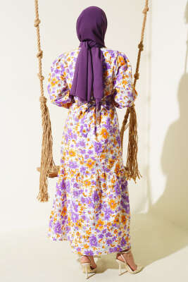 Karışık Desenli Terikoton Elbise Lila - Thumbnail