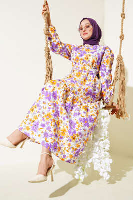 Karışık Desenli Terikoton Elbise Lila - Thumbnail