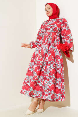 Karışık Desenli Terikoton Elbise Bordo - Thumbnail