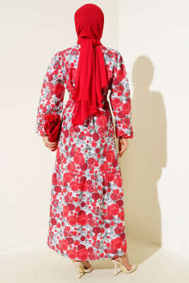 Karışık Desenli Terikoton Elbise Bordo - Thumbnail