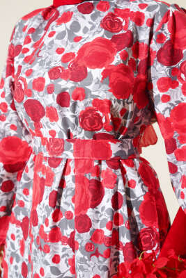 Karışık Desenli Terikoton Elbise Bordo - Thumbnail