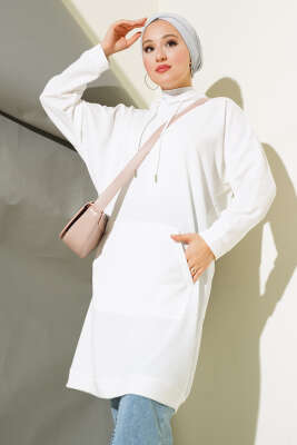 Pazarium - Kanguru Cepli Tunik Beyaz