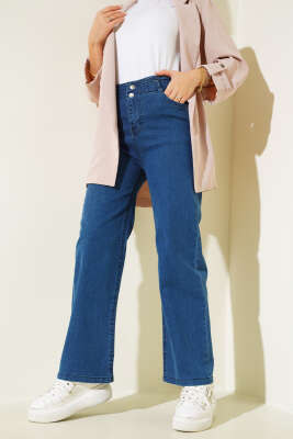 Bel Lastikli Çift Düğmeli Kot Pantolon Lacivert - Thumbnail