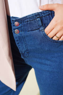 Bel Lastikli Çift Düğmeli Kot Pantolon Lacivert - Thumbnail