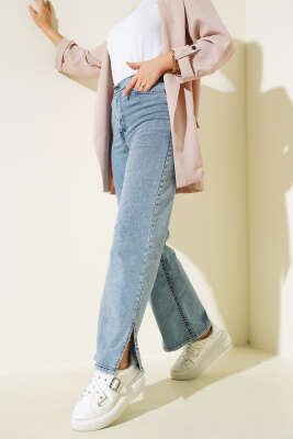 Pazarium - Paça Yanı Taşlı Kot Pantolon Buz Mavisi