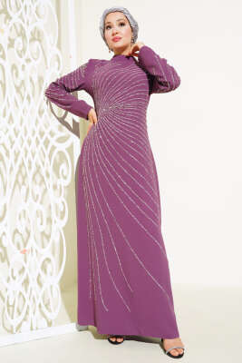 Pazarium - Önü ve Kolu Taş Süslemeli Elbise Magenta