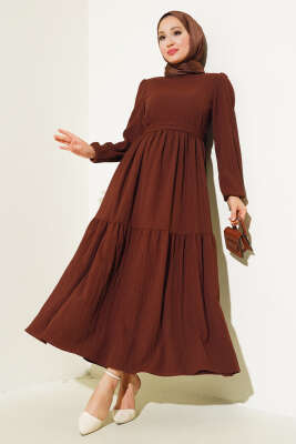 Bel Kuşaklı Kat Kat Bürümcük Elbise Kahve - Thumbnail