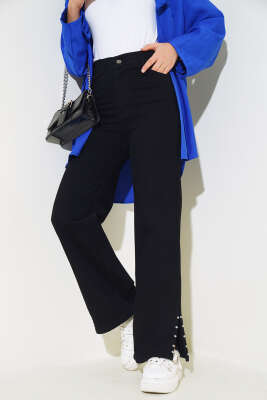 Pazarium - Paça Yanı Taşlı Kot Pantolon Siyah
