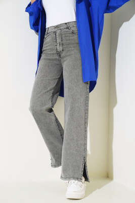 Paça Yanı Taşlı Kot Pantolon Füme - Thumbnail