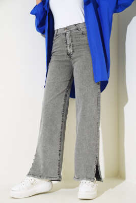 Paça Yanı Taşlı Kot Pantolon Füme - Thumbnail