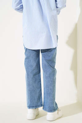 Bel Lastikli Çift Düğmeli Kot Pantolon Açık Mavi - Thumbnail