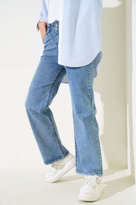 Bel Lastikli Çift Düğmeli Kot Pantolon Açık Mavi - Thumbnail