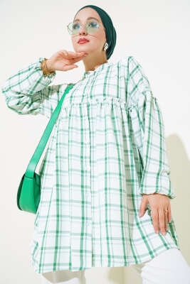 Pazarium - Ekoseli Fırfırlı Gömlek Yeşil