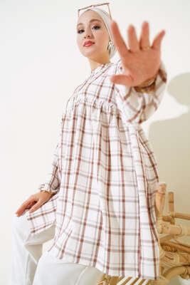 Ekoseli Fırfırlı Gömlek Kahve - Thumbnail