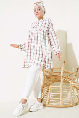 Ekoseli Fırfırlı Gömlek Kahve - Thumbnail