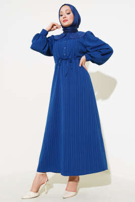 Pazarium - Bel Tünelli Bebe Yaka Elbise Lacivert